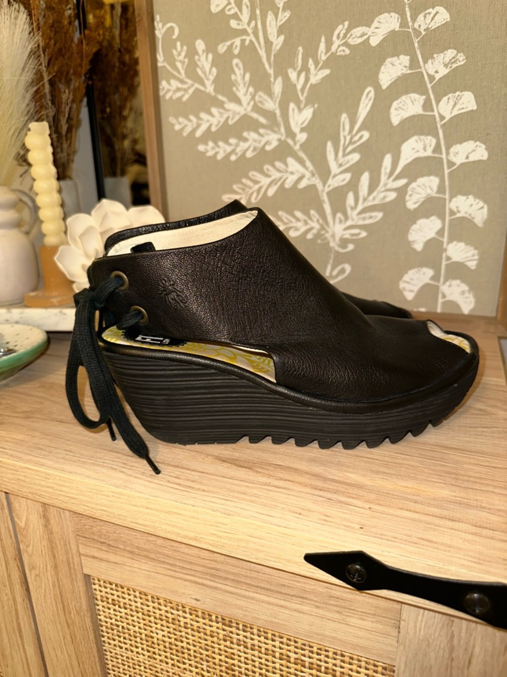 Fly London Black Leather Lace-Back Wedge Sandal